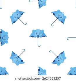 Padrão contínuo com bonito sorridente azul guarda-chuva personagem desenho animado, ideal para crianças produtos, impressões de tecido, ou papel de parede