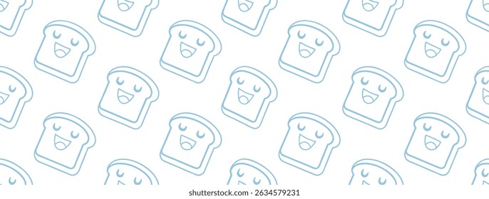 Seamless pattern of cute smiling bread slices with kawaii expressions in light blue outline. Perfect for bakery packaging, kids’ kitchen designs, textile prints, and playful branding.
