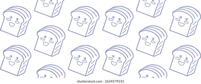 Seamless pattern of cute smiling bread slices with kawaii expressions in light blue outline. Perfect for bakery packaging, kids’ kitchen designs, textile prints, and playful branding.