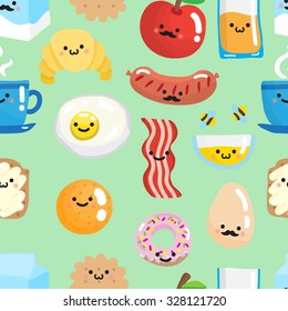 Seamless Pattern With Cute Smiling Breakfast Food. Vector Illustration.