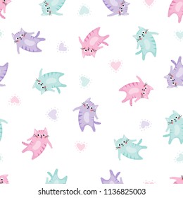 Seamless pattern with cute smiling cats on a white background with hearts.Vector illustration for kids.