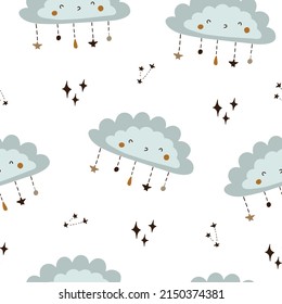 Seamless pattern of cute smiling cloud in boho style. Vector illustration isolated on white background for decorating clothes and children's room