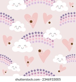 seamless pattern of cute smiling cloud cartoon with rainbow star , heart and flower on pastel pink background