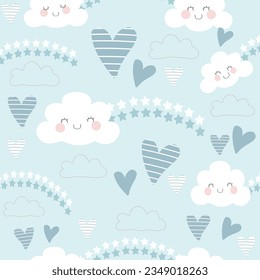 seamless pattern of cute smiling cloud cartoon with heart on pastel blue background vector illustration