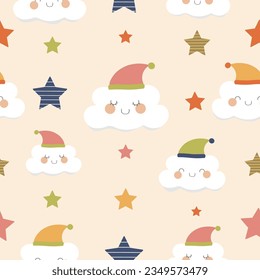 seamless pattern of cute smiling cloud  cartoon wearing beanie hat  with star  on pastel orange background  vector illustration