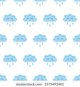 Seamless Pattern of Cute Smiling Clouds. Playful seamless pattern featuring kawaii clouds with smiling faces and raindrops on a white background, perfect for kids' designs