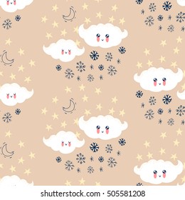 Seamless pattern with cute smiling clouds, stars and snowflakes. Vector winter background in cartoon.