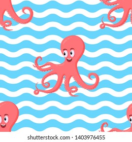 Seamless pattern with cute smiling  coral octopus on wave ocean blue background. Cartoon style vector illustration.