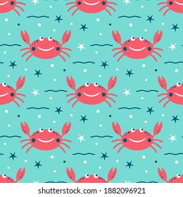 Seamless pattern with cute smiling crab, stars, waves. Vector