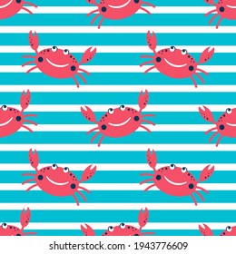 Seamless pattern with cute smiling crab. Stripped background. Vector