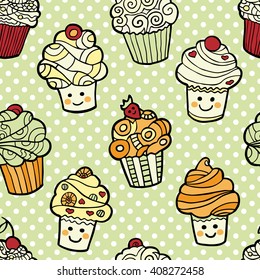 Seamless pattern with cute smiling cupcakes on green dotted background. Vector illustration.