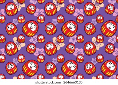 Seamless pattern of cute smiling daruma famous Japanese traditional doll background with cherry blossoms pattern drawing in cartoon vector