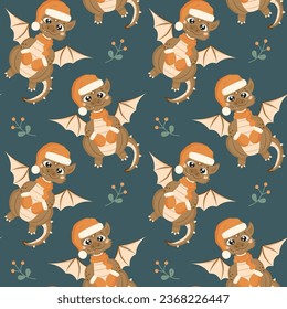 Seamless pattern with a cute smiling dragon wearing a Santa Claus hat, mittens, scarf.  A little dinosaur. Vector illustration in cartoon style.