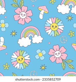 Seamless pattern with cute smiling flowers, mushrooms and rainbows. Vector graphics.