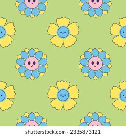 Seamless pattern with cute smiling flowers. Vector graphics.. 