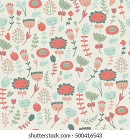 Seamless pattern with cute smiling flowers in cartoon style