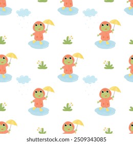 Seamless pattern with cute smiling frog in a raincoat and rain boots with umbrella in nature. Funny green frog character in a rain. Kids pattern. Vector illustration in flat style.