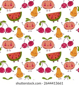 Seamless pattern with cute smiling fruits on white background. Watermelons, cherries, pears, and peaches with cartoon faces. Fun design for kids products, fabric, or stationery. Vector illustration