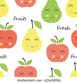 Seamless pattern with cute smiling fruits for wrapping, scrapbook paper