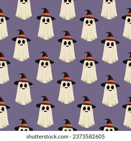 Seamless pattern with cute smiling ghosts in witch hat. Cartoon characters on purple background for Halloween design. Vector illustration