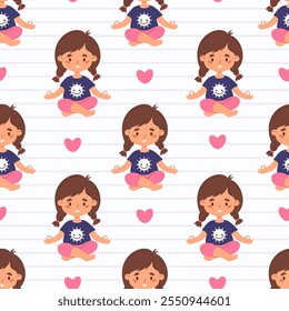 Seamless pattern with cute smiling girl with braids hairstyle meditating sitting in asana on white striped background with pink heart. Vector illustration in flat style. Kids collection