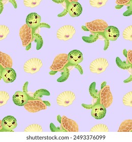 Seamless pattern with cute smiling green turtle floating with shells on a light purple background. Vector illustration