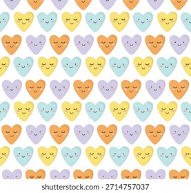 Patrón sin fisuras con corazones sonrientes lindos. Fondo romántico en tonos pastel
