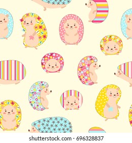 Seamless pattern with cute smiling hedgehogs with floral and striped prints on a white background. Vector illustration.