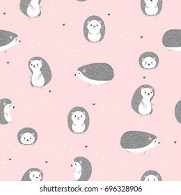 Seamless pattern with cute smiling hedgehogs on a pink background. Vector illustration.