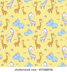 Seamless pattern with cute smiling Hippo and a bird on his head,zebra, giraffe with spots on a yellow background.Cartoon hippopotamus.Vector illustration for children.Print for fabric,textile,paper.