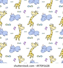 Seamless pattern with Cute smiling Hippo and a bird on his head, giraffe with spots on a white background.Cartoon hippopotamus.Vector illustration for children.Print for fabric,textile,paper.