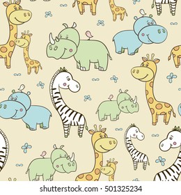 Seamless pattern with cute smiling Hippo and a bird on his head,Rhino,zebra, giraffe with spots on a beige background.Cartoon hippopotamus.Vector illustration for children.Print for textile,paper.