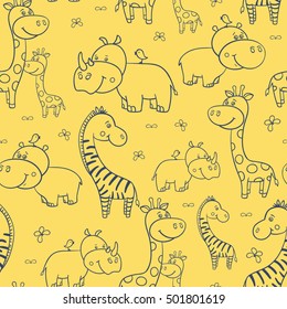 Seamless pattern with cute smiling Hippo and a bird on his head,Rhino,zebra, giraffe on a yellow background.Cartoon.contour, outline. Vector illustration for children.Print for textile,paper.