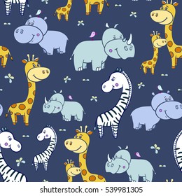 Seamless pattern with cute smiling Hippo and a bird on his head,zebra, giraffe with spots on a dark background.Cartoon hippopotamus. illustration for children.Print for fabric,textile,paper.animal