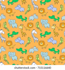 Seamless pattern with cute smiling Hippo and a bird on his head,elephant,zebra,giraffe with spots on a orange background.Cartoon hippopotamus. illustration for children.Print for fabric,textile,paper.