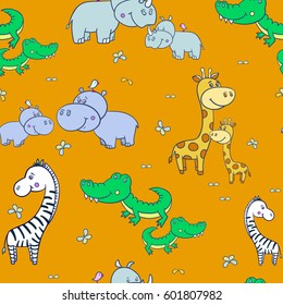 Seamless pattern with cute smiling Hippo,zebra,giraffe,crocodile,rhinoceros  and leaves on an orange background.Cartoon African animals.Vector illustration for children.Print for fabric,textile,paper.