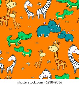 Seamless pattern with cute smiling Hippo,zebra,giraffe,crocodile,rhinoceros on an orange background.Cartoon African animals.colorful Vector illustration for children.Print for fabric,textile,paper.