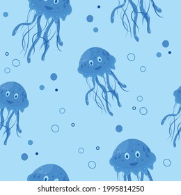 Seamless pattern with cute smiling jellyfish and bubbles on blue background. Cartoon character