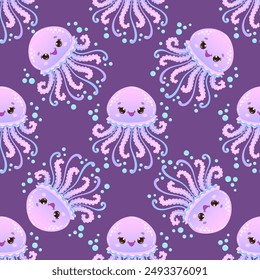 Seamless pattern with cute smiling jellyfish floating among bubbles on a dark purple background. Vector illustration