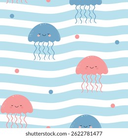 Seamless pattern with cute smiling jellyfish and waves. Vector.	