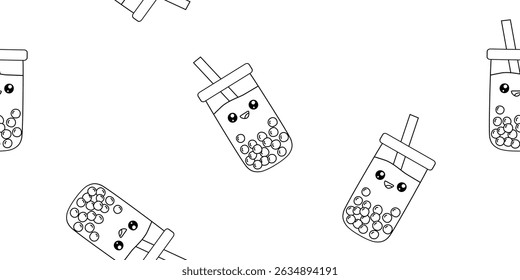 Seamless pattern with cute smiling Kawaii style bubble tea cups, vector