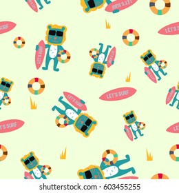 Seamless pattern of Cute Smiling Lion hold surfboard, King of the jungle. Tee print, shirt, embroidery, mug, bag, lunchbox, wallpaper, wrapper, poster, banner flat design for kids. vector illustration