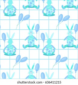 Seamless pattern with Cute smiling  little bunny. Toy baby animals on a blue background.Vector illustration of funny animals for children,for a boy.Print for fabric,textile,paper.
