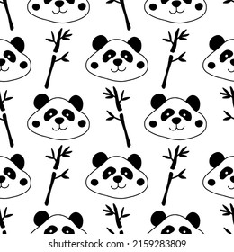 Seamless pattern with cute smiling panda and bamboo. Hand drawn bear character Black outline. Funny animal face isolated on white background. Vector illustration. Doodle 