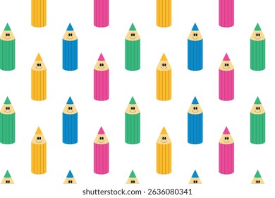 Seamless pattern with cute smiling pencils. Colored pencils. Soon to school, funny stationery. Isolated Vector illustration.