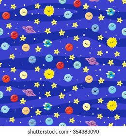 Seamless pattern with cute smiling plants, sun, stars and moon. Vector illustration