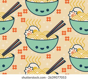 Seamless pattern of cute smiling ramen bowls with chopsticks and toppings. A perfect design for lovers of Japanese food and kawaii aesthetics.