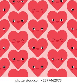 Seamless pattern with cute smiling red hearts, wrapping paper, background for Valentines day or other occasional celebrations