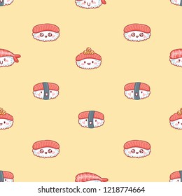 Seamless pattern with cute smiling rolls and sushi characters with eyes. Endless texture for background, tile, print and web in hand drawn cartoon style on pastel yellow back color