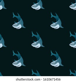 Seamless pattern with cute smiling sharks on black background. Cartoon funny character. Vector illustration for childish print, wallpaper, textile, kid stationery, accessory design, wrapping paper